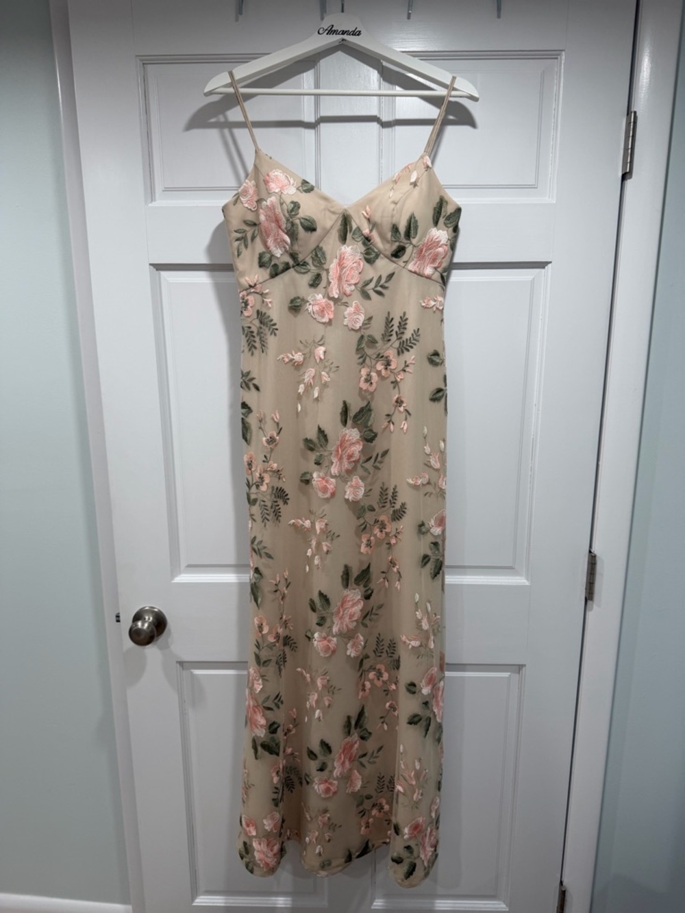Jenny Yoo Floral Embroidered Dress - Beige with Pink and Green